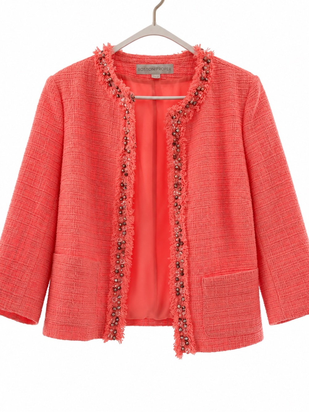 Boston Proper Coral Fringe-Trim Tweed Jacket